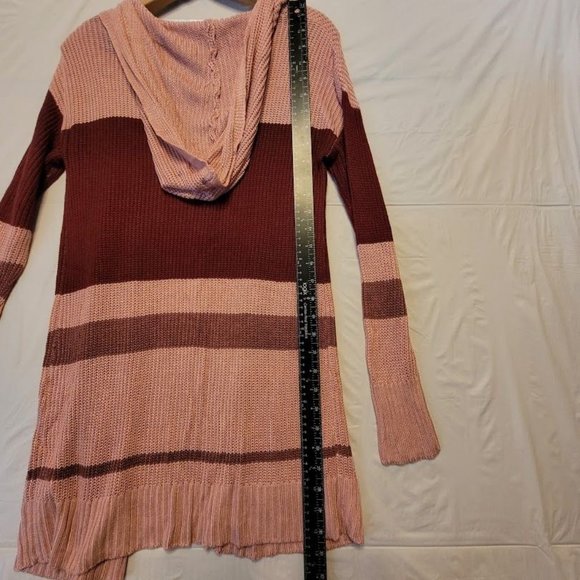 C Pink Red Cardigan Open Front Hooded Long Sweater Size M - Picture 6 of 9
